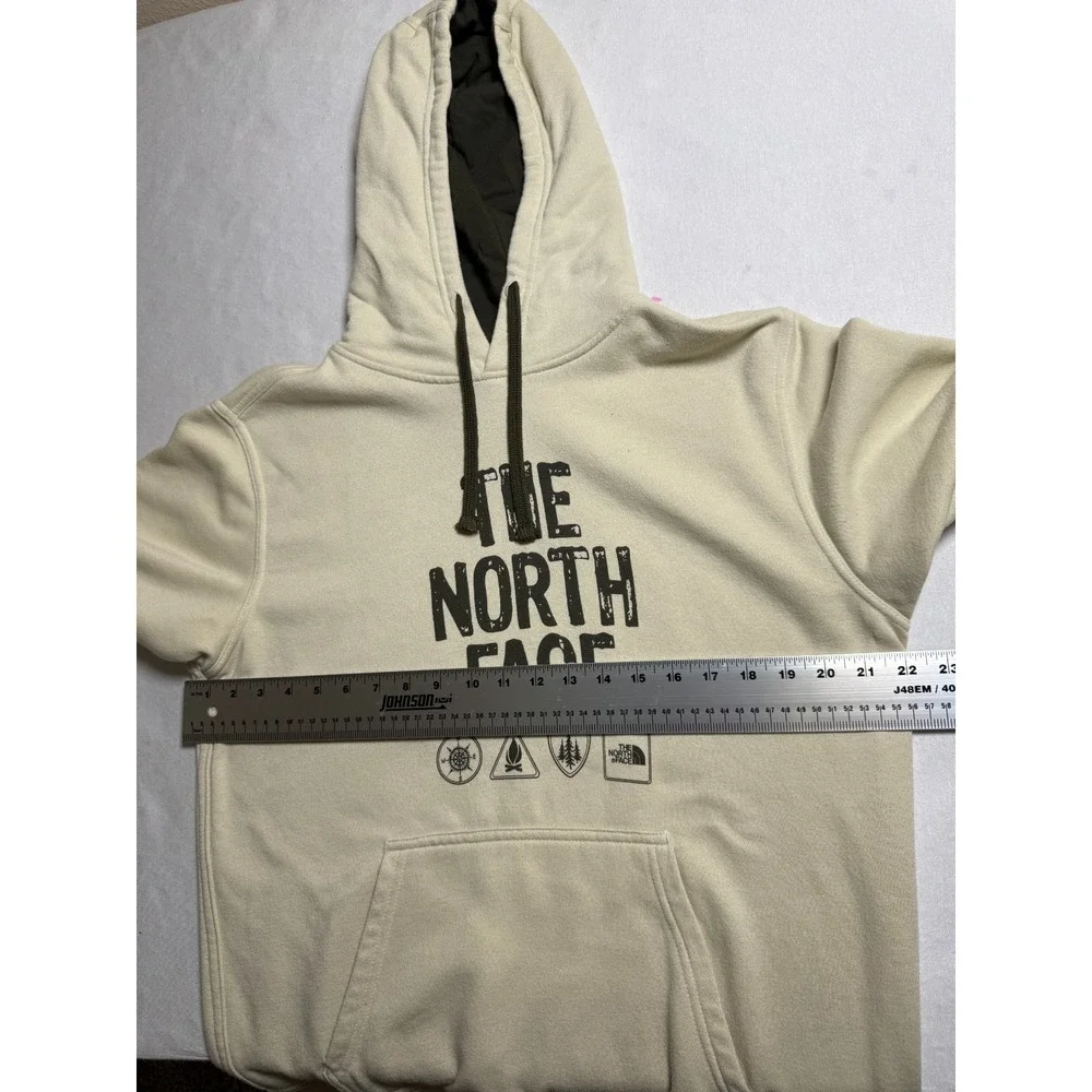 The North Face cream Mens Pullover Hoodie Medium‎ Sweatshirt graphic logo cozy